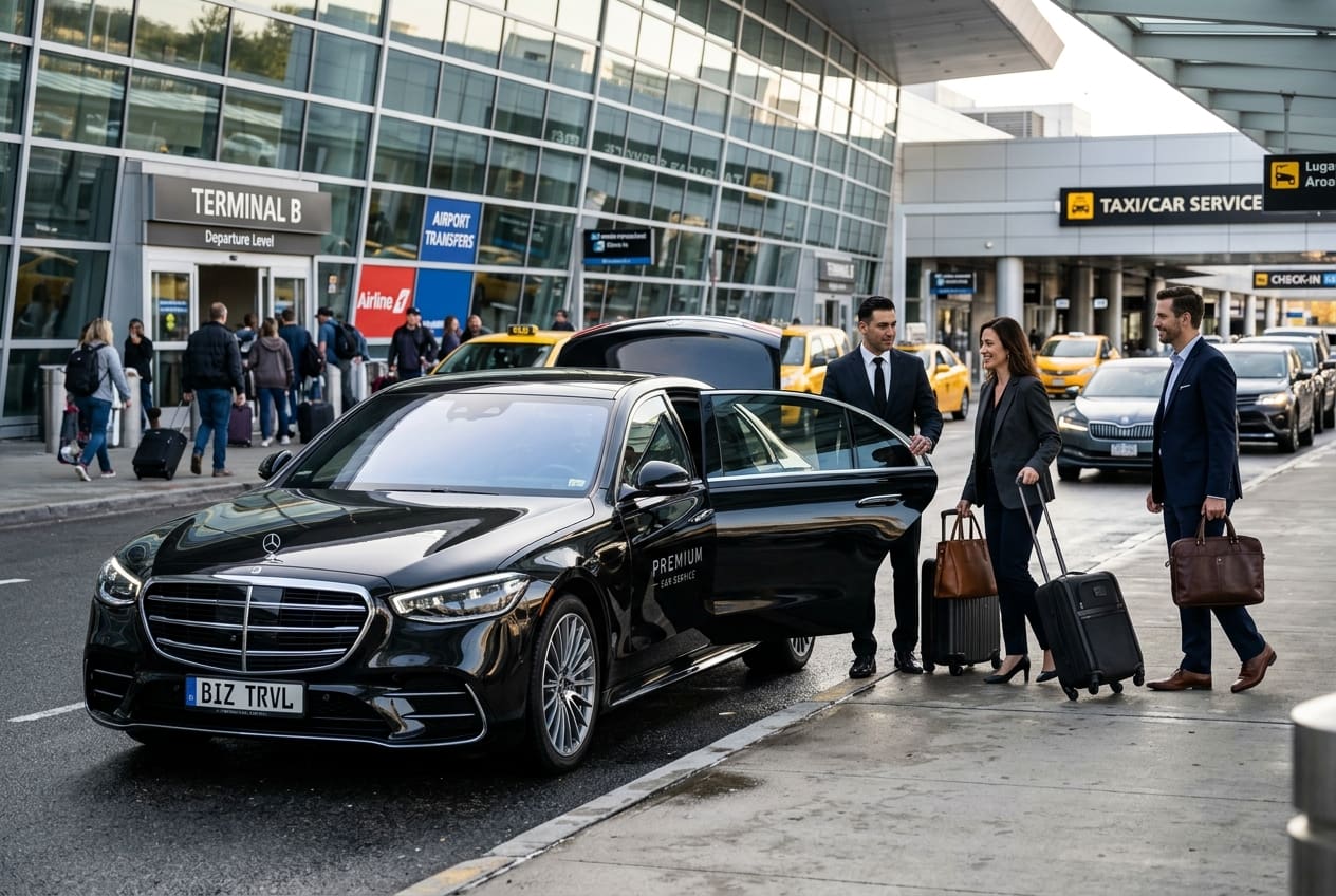 Car service for business travel - amoskeag airport service - nh - best rates for airport transfers - professional car service for nh Black luxury taxi with open rear door as driver assists three business travelers with rolling luggage at airport terminal curbside (Terminal B)